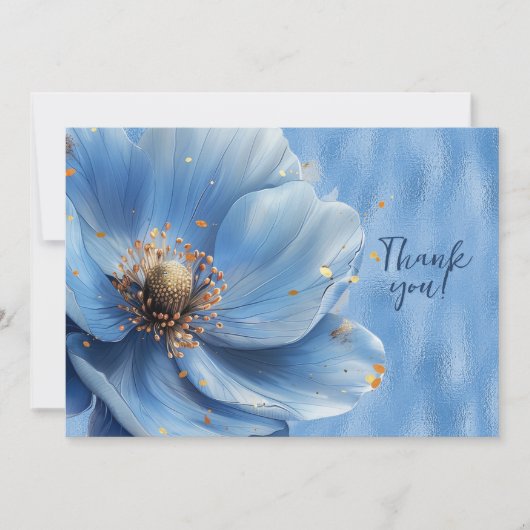 Blauwe Bloemen Vergroot op Glanzend Blauw Dank u Bedankkaart (Voorkant)