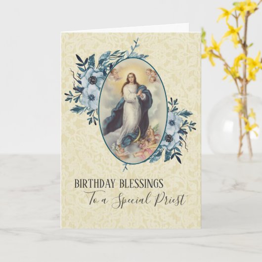 Blauwe Bloemen | Verjaardag Priester | Maagd Maria Kaart (Gele Bloem)