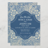 BLAUWE BLOEMEN VINTAGE BRUILOFT SAVE THE DATE (Voorkant / Achterkant)