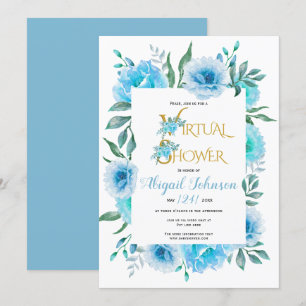 Blauwe bloemen virtueel baby of vrijgezellenfeest kaart