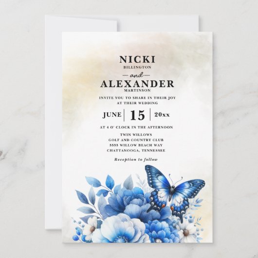 Blauwe Bloemen Vlinder Bruiloft Kaart (Voorkant)