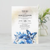Blauwe Bloemen Vlinder Bruiloft Kaart (Staand voorkant)