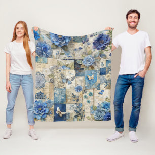 Blauwe Bloemen & Vlinder Patchwork Quilt Patroon Fleece Deken