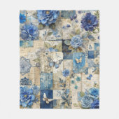 Blauwe Bloemen & Vlinder Patchwork Quilt Patroon Fleece Deken (Voorkant)