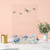 Blauwe bloemen & vlinders bruiloft feest begrroeti acryl bord (Huwelijk)