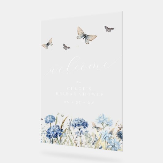 Blauwe bloemen & vlinders Bruiloft Welcome Acryl Bord (Hoek)