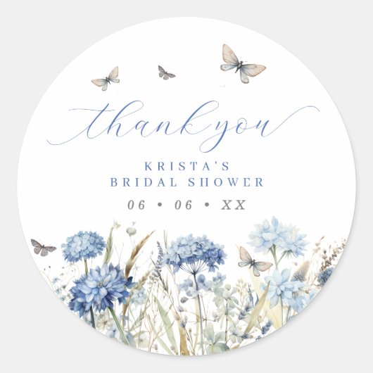 Blauwe bloemen & Vlinders Dank je Wel Trouw Bruilo Ronde Sticker (Voorkant)