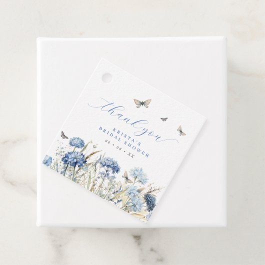 Blauwe bloemen & vlinders dank u Vrijgezellenfeest Bedankjes Labels (In situ)