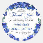 Blauwe Bloemen Vlinders Quinceañera Prinses Ronde Sticker (Voorkant)