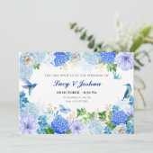 Blauwe bloemen vogel eenvoudige elegante bruiloft kaart (Staand voorkant)