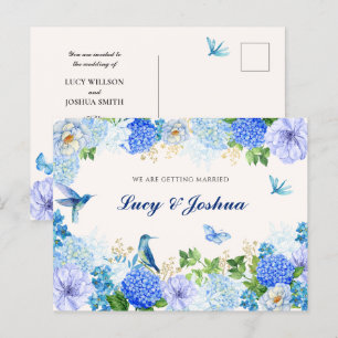 Blauwe bloemen vogel elegante bruiloft briefkaart