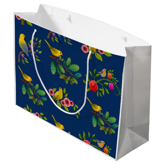 Blauwe Bloemen Vogel Print Gift Bag Groot Cadeauzakje (Achterkant Gekanteld)