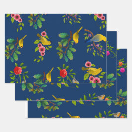 Blauwe bloemen vogel print inpakpapier vel