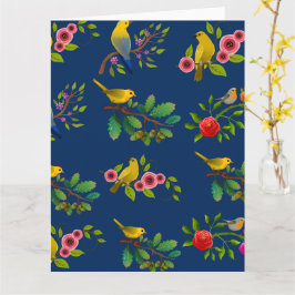Blauwe bloemen vogel print kaart
