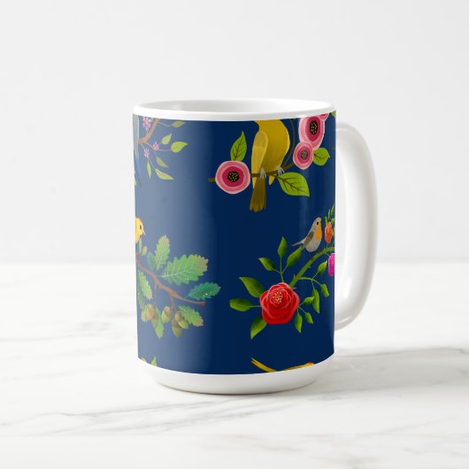 Blauwe bloemen vogel print koffiemok (Voorkant rechts)
