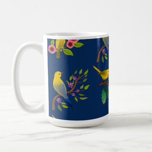Blauwe bloemen vogel print koffiemok (Links)