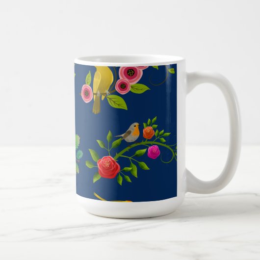Blauwe bloemen vogel print koffiemok (Rechts)