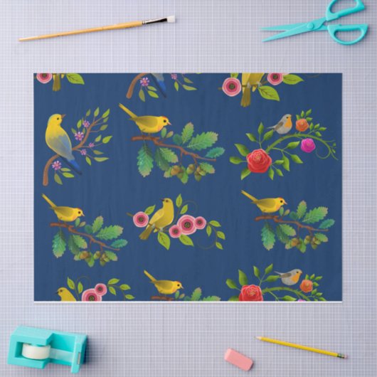 Blauwe bloemen vogel print tissuepapier (Craft)