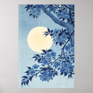 Blauwe Bloemen Volle Maan Art Poster