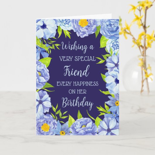 Blauwe bloemen Vriend Verjaardag Kaart (Gele Bloem)