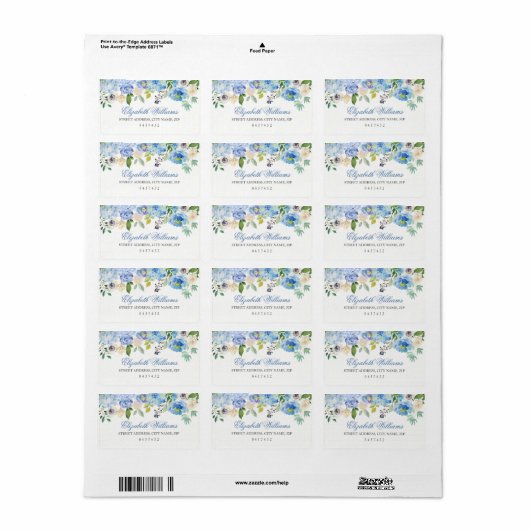 Blauwe Bloemen Waterverf Adresetiketten Etiket (Full Sheet)