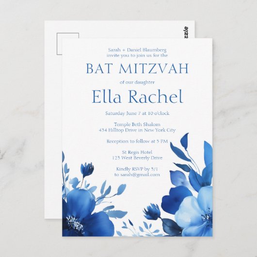 Blauwe Bloemen Waterverf BAT MITZVAH CUSTOM Briefkaart (Voorkant / Achterkant)