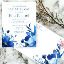 Blauwe Bloemen Waterverf BAT MITZVAH CUSTOM