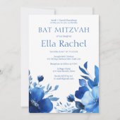 Blauwe Bloemen Waterverf BAT MITZVAH CUSTOM Kaart (Voorkant)