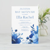 Blauwe Bloemen Waterverf BAT MITZVAH CUSTOM Kaart (Staand voorkant)