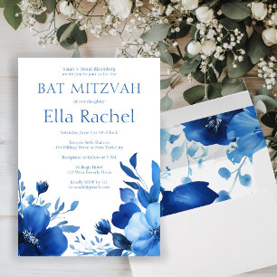 Blauwe Bloemen Waterverf BAT MITZVAH CUSTOM Kaart