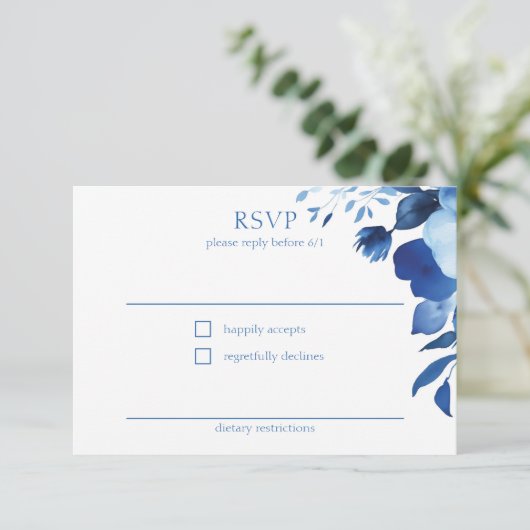 Blauwe Bloemen Waterverf BAT MITZVAH CUSTOM RSVP Informatiekaartje (Staand voorkant)