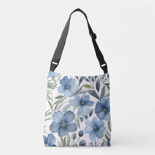 Blauwe Bloemen Waterverf Bloemen Ontwerp Crossbody Tas (Voorkant)