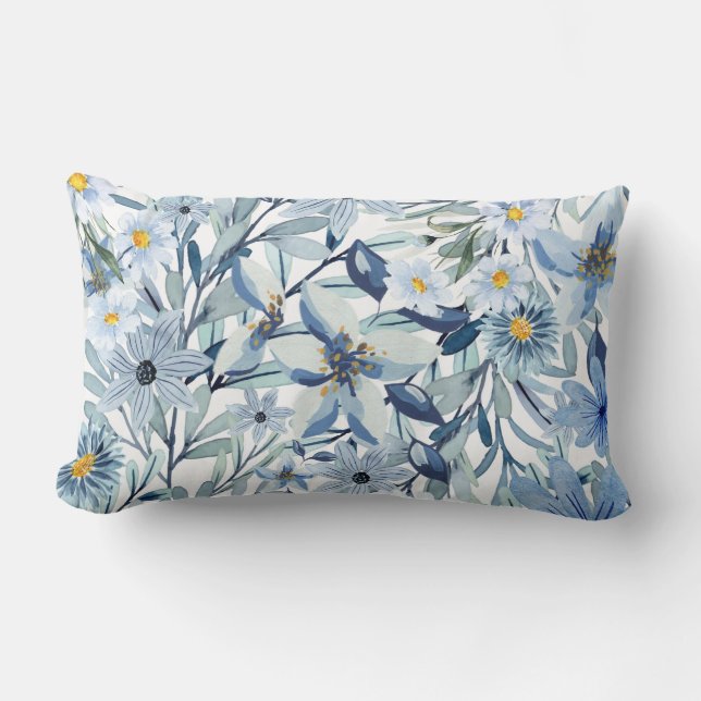 Blauwe Bloemen Waterverf Bloemstuk Kunst Kussen (Voorkant)