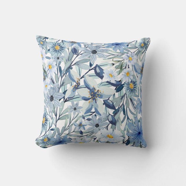 Blauwe Bloemen Waterverf Bloemstuk Kunst Kussen (Voorkant)