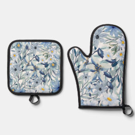 Blauwe Bloemen Waterverf Bloemstuk Ovenwant & Pannenlap Set