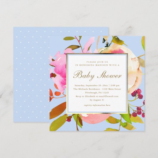 Blauwe Bloemen Waterverf met Stippen Baby shower Kaart (Voorkant / Achterkant)