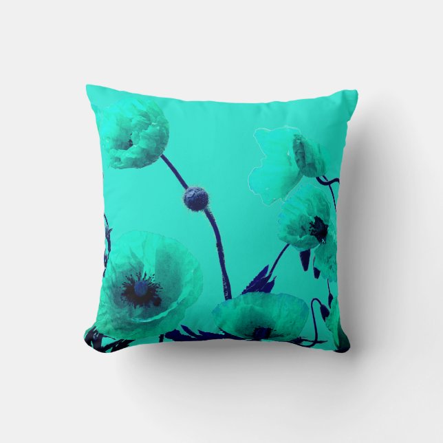 Blauwe Bloemen Waterverf Turquoise Poppy Flowers A Kussen (Voorkant)