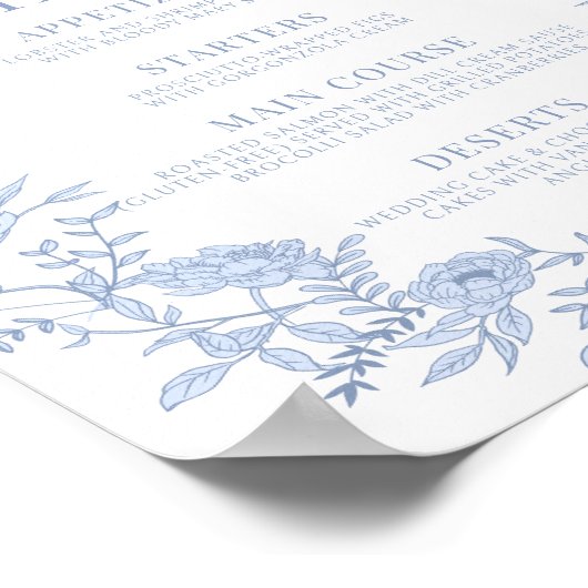 Blauwe Bloemen Wedding Menu Vierkant Poster (Hoek)