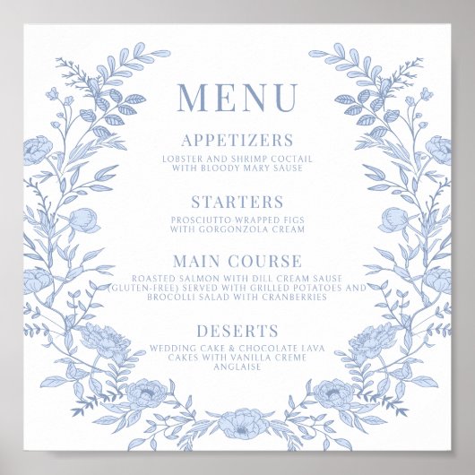 Blauwe Bloemen Wedding Menu Vierkant Poster (Voorkant)
