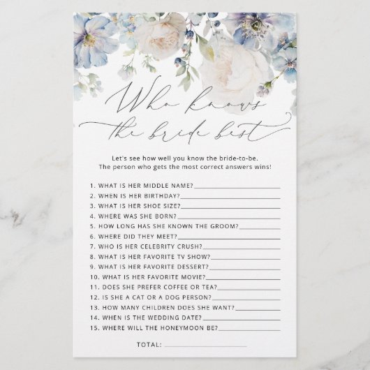 Blauwe Bloemen Wie kent Bruid De Beste Douche Spel (Voorkant)