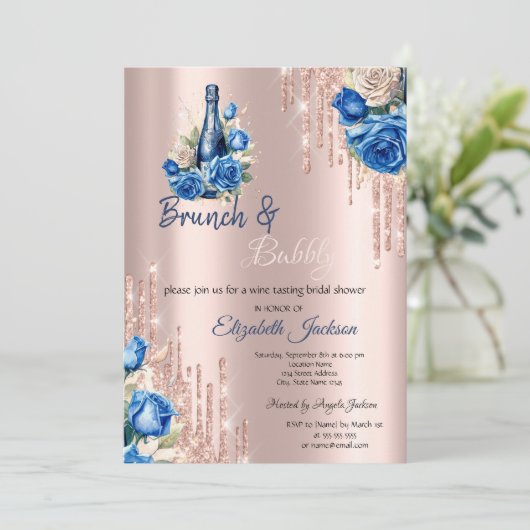 Blauwe Bloemen Wijndruiven Brunch & Bubbly Kaart (Staand voorkant)