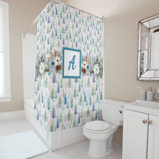 Blauwe Bloemen Winter Tree Forest Douchegordijn (In situ)