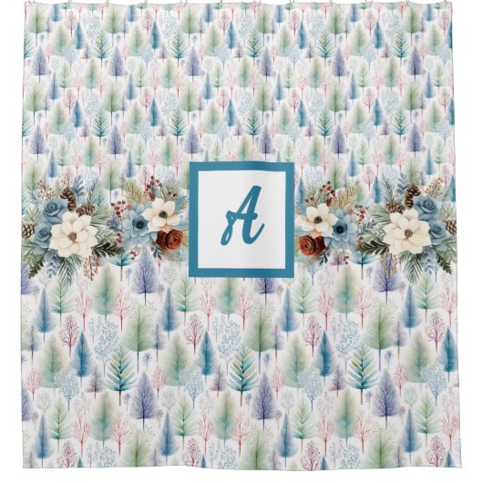 Blauwe Bloemen Winter Tree Forest Douchegordijn (Voorkant)