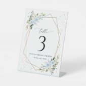 Blauwe bloemen, witte bloemen, boho, tafelnummers reclamebord met voetstuk (Voorkant)