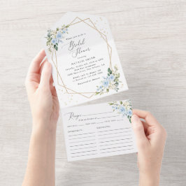 Blauwe bloemen, witte bloemen, Boho, Vrijgezellenf All In One Uitnodiging