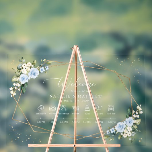 Blauwe bloemen, witte bloemen, bruiloft tijdlijn acryl bord (Neutraal)