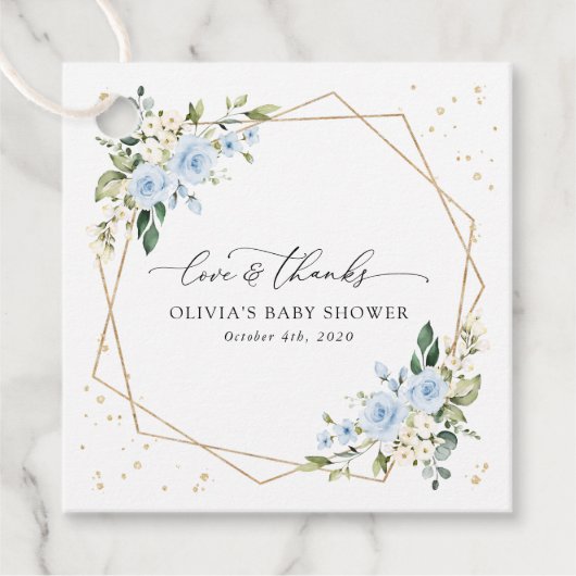 Blauwe bloemen, witte bloemen, groen, Baby shower Bedankjes Labels (Voorkant)