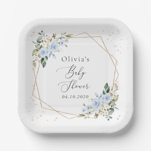 Blauwe bloemen, witte bloemen, groen, Baby shower Papieren Bordje (Voorkant)