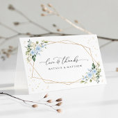 Blauwe bloemen, witte bloemen, groen, bruiloft bedankkaart