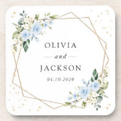 Blauwe bloemen, witte bloemen, groen, bruiloft bier onderzetter (Voorkant)